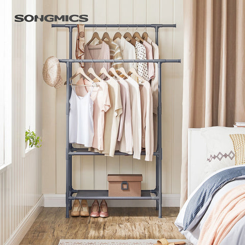 Rootz Gray Clothes Rack - Garment Rack - Wardrobe Organizer - Metal Pipes - Non-Woven Fabric - Plastic Connectors - 114cm x 45cm x 171cm - 3kg - 15kg Per Shelf - 20kg Per Clothes Rail - 70kg Total Static Load Capacity