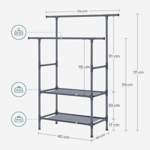 Rootz Gray Clothes Rack - Garment Rack - Wardrobe Organizer - Metal Pipes - Non-Woven Fabric - Plastic Connectors - 114cm x 45cm x 171cm - 3kg - 15kg Per Shelf - 20kg Per Clothes Rail - 70kg Total Static Load Capacity