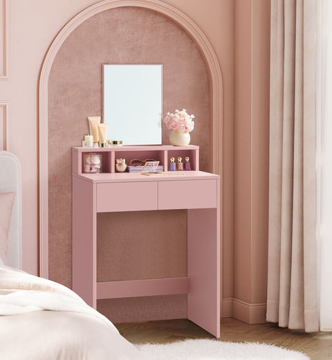 Rootz Dressing Table Set with Mirror - Vanity Table - Makeup Desk - 2 Drawers - Pastel Pink - 40cm x 60cm x 127cm