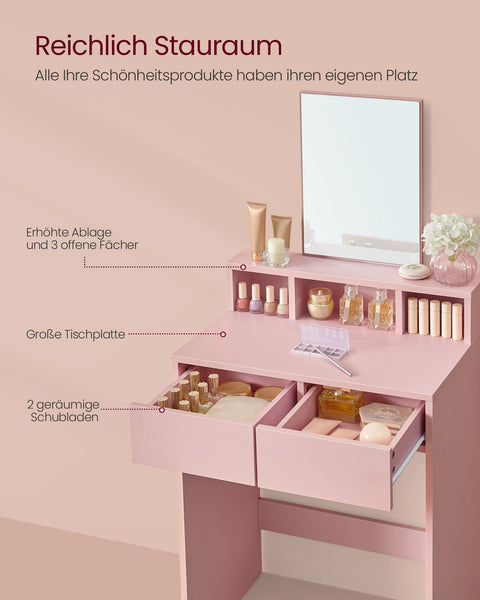 Rootz Dressing Table Set with Mirror - Vanity Table - Makeup Desk - 2 Drawers - Pastel Pink - 40cm x 60cm x 127cm