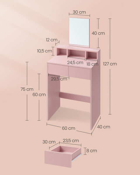 Rootz Dressing Table Set with Mirror - Vanity Table - Makeup Desk - 2 Drawers - Pastel Pink - 40cm x 60cm x 127cm