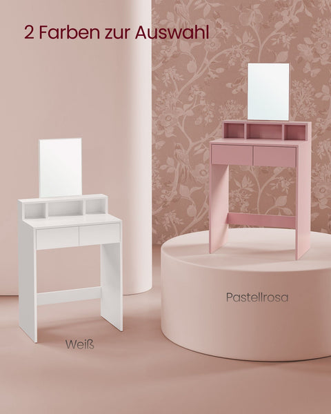 Rootz Dressing Table Set with Mirror - Vanity Table - Makeup Desk - 2 Drawers - Pastel Pink - 40cm x 60cm x 127cm