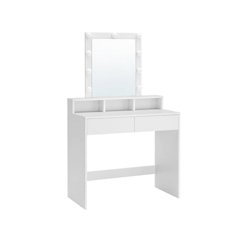 Rootz White Dressing Table with Mirror - Vanity Table - Makeup Table - Chipboard Construction - 2 Drawers - 3 Compartments - Raised Shelf - Light Bulbs - Easy Makeup Routine - Child's Play - 80cm x 40cm x 145cm