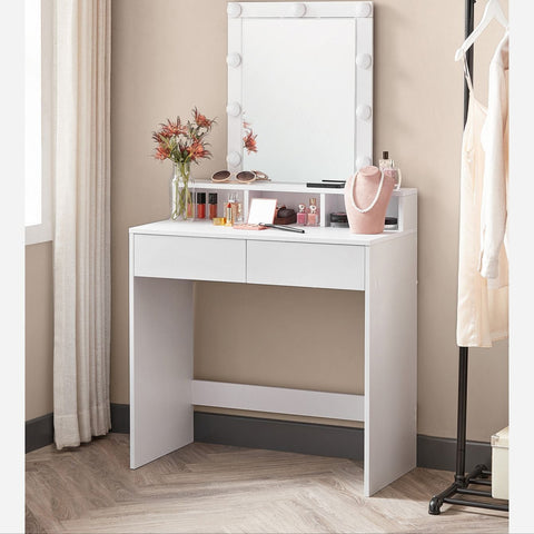 Rootz White Dressing Table with Mirror - Vanity Table - Makeup Table - Chipboard Construction - 2 Drawers - 3 Compartments - Raised Shelf - Light Bulbs - Easy Makeup Routine - Child's Play - 80cm x 40cm x 145cm