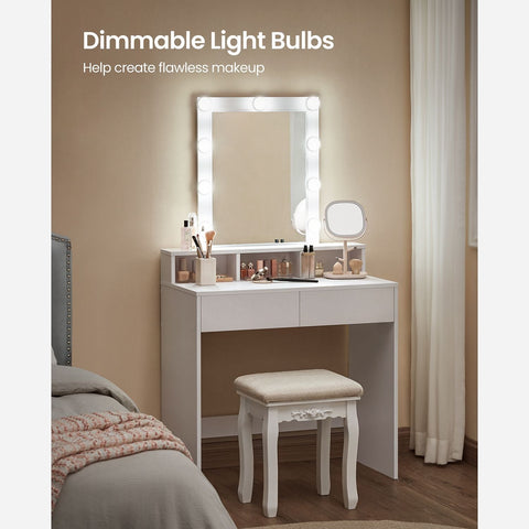 Rootz White Dressing Table with Mirror - Vanity Table - Makeup Table - Chipboard Construction - 2 Drawers - 3 Compartments - Raised Shelf - Light Bulbs - Easy Makeup Routine - Child's Play - 80cm x 40cm x 145cm