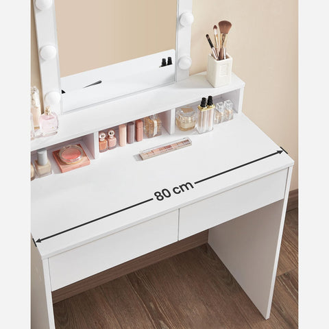 Rootz White Dressing Table with Mirror - Vanity Table - Makeup Table - Chipboard Construction - 2 Drawers - 3 Compartments - Raised Shelf - Light Bulbs - Easy Makeup Routine - Child's Play - 80cm x 40cm x 145cm