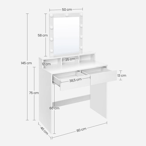 Rootz White Dressing Table with Mirror - Vanity Table - Makeup Table - Chipboard Construction - 2 Drawers - 3 Compartments - Raised Shelf - Light Bulbs - Easy Makeup Routine - Child's Play - 80cm x 40cm x 145cm