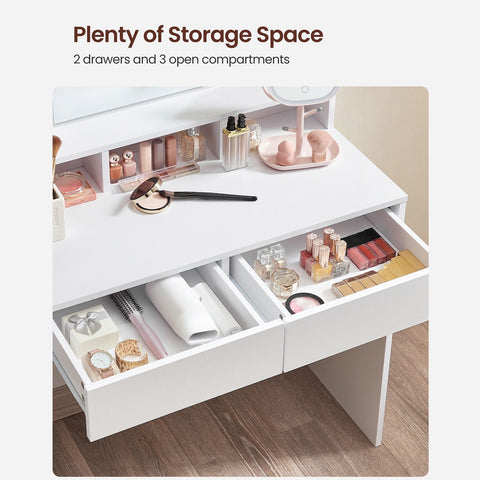 Rootz White Dressing Table with Mirror - Vanity Table - Makeup Table - Chipboard Construction - 2 Drawers - 3 Compartments - Raised Shelf - Light Bulbs - Easy Makeup Routine - Child's Play - 80cm x 40cm x 145cm