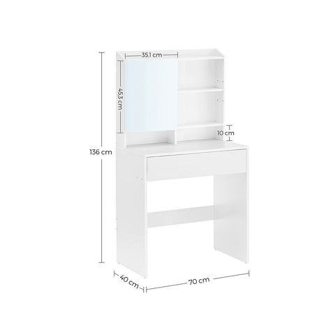 Rootz White Chipboard Dressing Table - Vanity Table - Makeup Desk - 70 x 40 x 136 cm - Anti-Tip Device - Easy Assembly - Storage Space