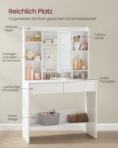 Rootz White Dressing Table - Vanity Table - Makeup Desk - Chipboard Material - Spacious Storage - Easy Assembly - 40cm x 90cm x 144.7cm