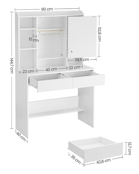 Rootz White Dressing Table - Chipboard Vanity - Makeup Desk - Storage Organizer - 40cm x 90cm x 144.7cm - 31.6kg - 100kg Load Capacity