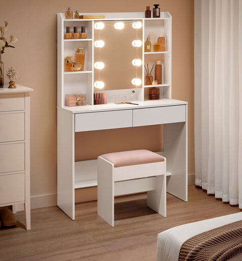 Rootz Dressing Table with Mirror - Vanity Table - Makeup Table - Chipboard - 40cm x 90cm x 144.7cm - Cloud White - 32.3kg