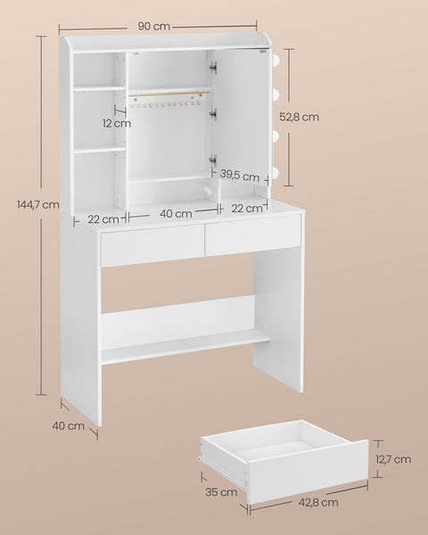 Rootz Dressing Table with Mirror - Vanity Table - Makeup Table - Chipboard - 40cm x 90cm x 144.7cm - Cloud White - 32.3kg