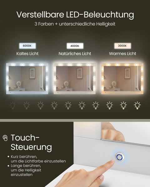 Rootz Dressing Table - Vanity Table - Makeup Table - LED Lighting -  White - 40 x 125 x 140 cm