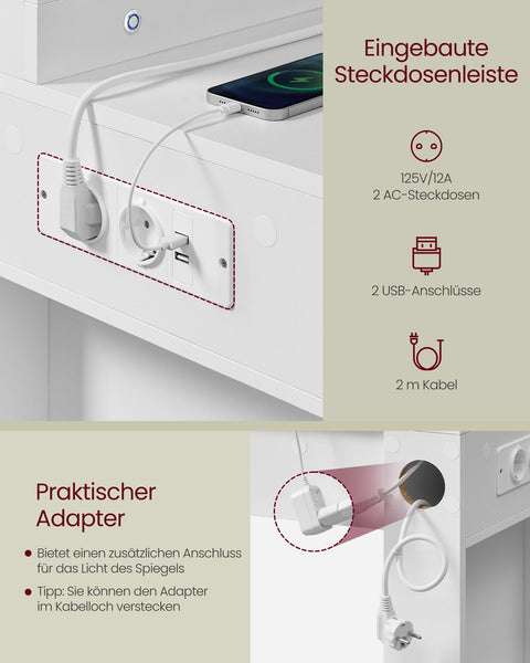 Rootz Dressing Table - Vanity Table - Makeup Table - LED Lighting -  White - 40 x 125 x 140 cm