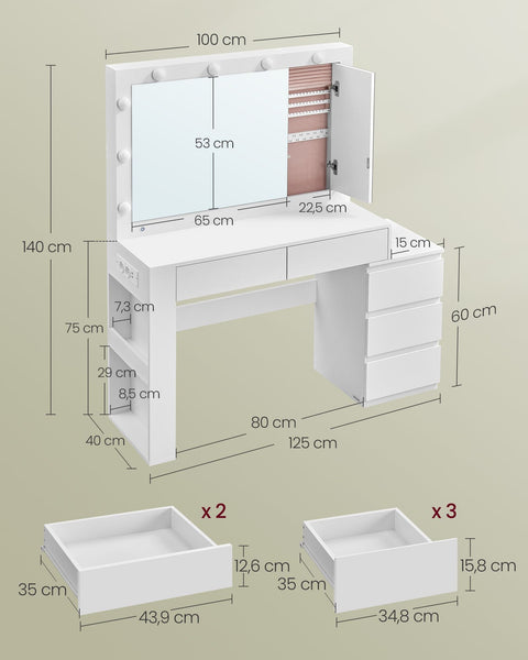 Rootz Dressing Table - Vanity Table - Makeup Table - LED Lighting -  White - 40 x 125 x 140 cm
