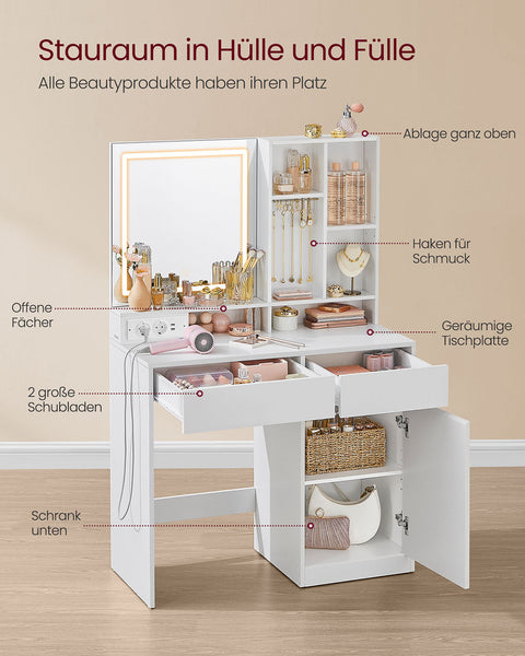 Rootz Dressing Table with LED Lighting - Vanity - Makeup Table - White Finish - 40 x 90 x 138 cm