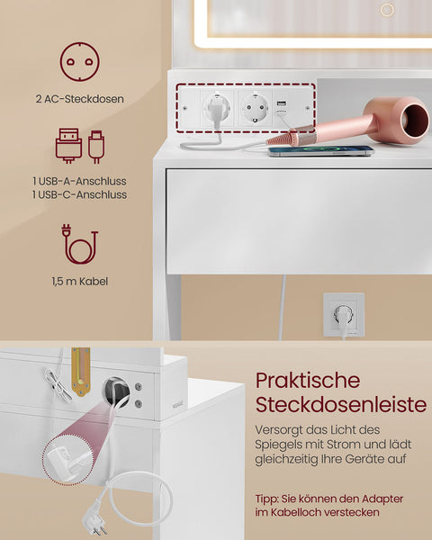 Rootz Dressing Table with LED Lighting - Vanity - Makeup Table - White Finish - 40 x 90 x 138 cm