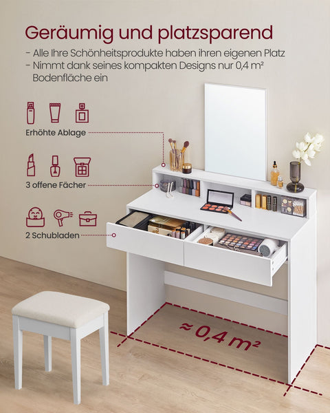 Rootz White Chipboard Dressing Table - Vanity Table - Makeup Desk - Spacious Storage - Sturdy Construction - Easy Assembly - 40cm x 100cm x 140cm