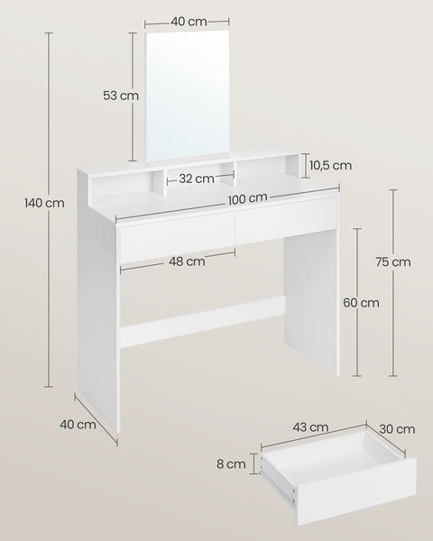 Rootz White Chipboard Dressing Table - Vanity Table - Makeup Desk - Spacious Storage - Sturdy Construction - Easy Assembly - 40cm x 100cm x 140cm