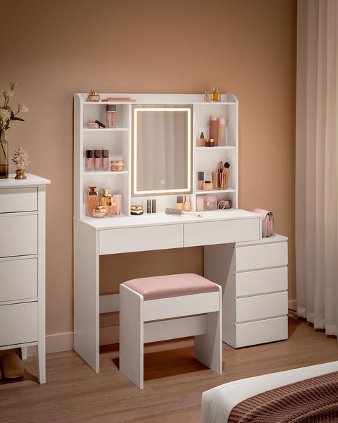 Rootz LED Dressing Table - Modern Vanity Table - Lighted Makeup Desk - Chipboard - 40cm x 117cm x 145cm - Cloud White