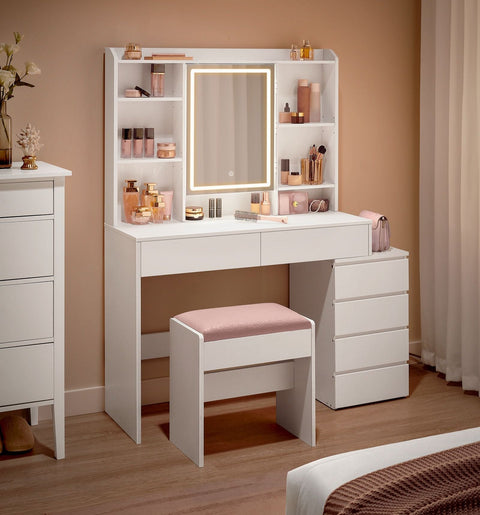 Rootz Dressing Table with LED Lights - Vanity Table - Makeup Desk - Modern - Cloud White - 120cm x 60cm x 75cm