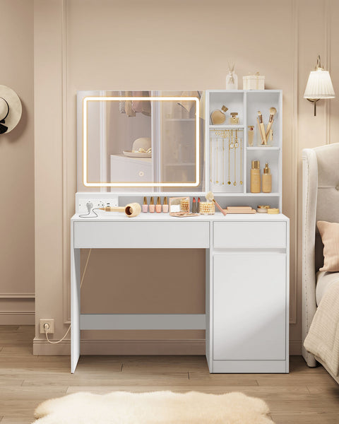 Rootz Dressing Table with LED Lighting - Vanity Table - Makeup Desk - MDF & Chipboard - Cloud White - 40 x 110 x 138 cm