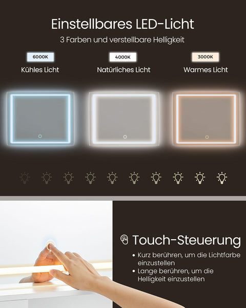 Rootz Dressing Table with LED Lighting - Vanity Table - Makeup Desk - MDF & Chipboard - Cloud White - 40 x 110 x 138 cm