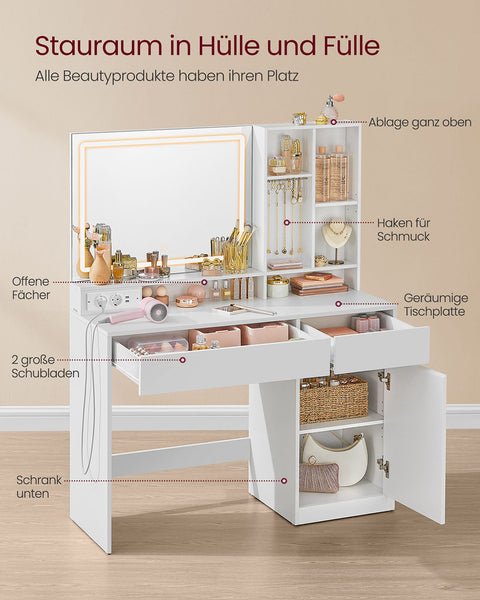 Rootz Dressing Table with LED Lighting - Vanity Table - Makeup Desk - MDF & Chipboard - Cloud White - 40 x 110 x 138 cm