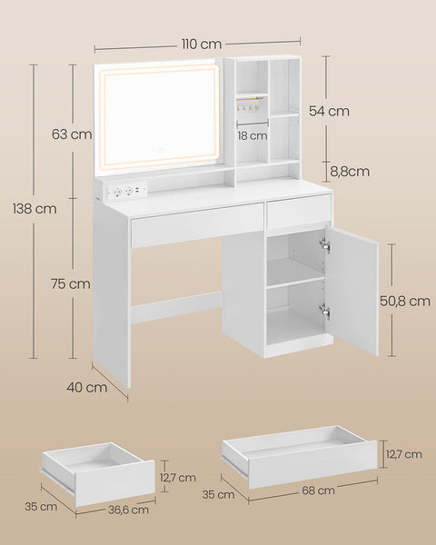 Rootz Dressing Table with LED Lighting - Vanity Table - Makeup Desk - MDF & Chipboard - Cloud White - 40 x 110 x 138 cm