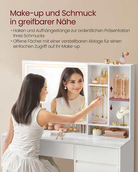 Rootz Dressing Table with LED Lighting - Vanity Table - Makeup Desk - MDF & Chipboard - Cloud White - 40 x 110 x 138 cm