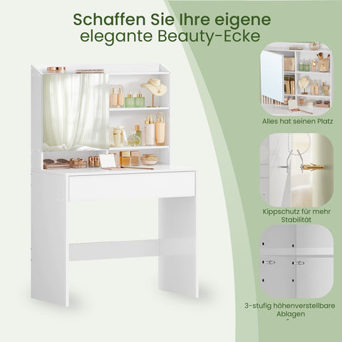 Rootz Elegant Dressing Table - Friction Table - Vanity Table - Includes Mirror & Drawer - Wooden Chipboard - 70cm x 40cm x 136cm