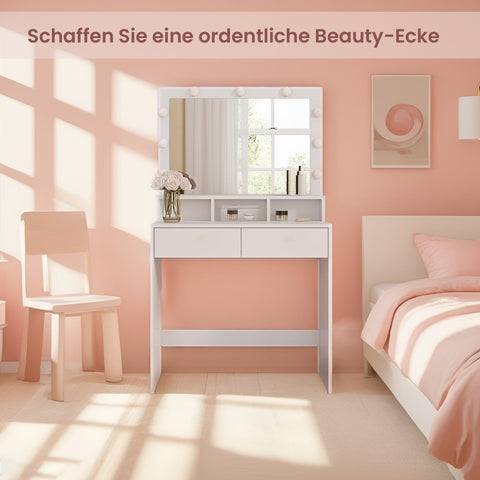 Rootz LED Vanity Table - Friction Table - Makeup Table - Mirror Included - White Chipboard - 80cm x 40cm x 140cm