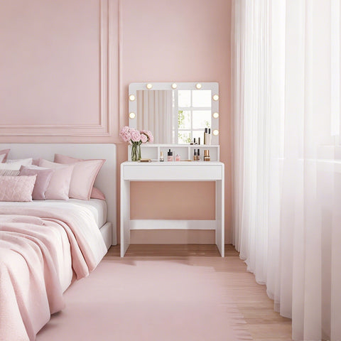 Rootz LED Vanity Table - Friction Table - Makeup Table - Mirror Included - White Chipboard - 80cm x 40cm x 140cm