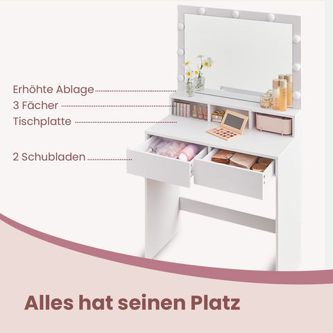 Rootz LED Vanity Table - Friction Table - Makeup Table - Mirror Included - White Chipboard - 80cm x 40cm x 140cm