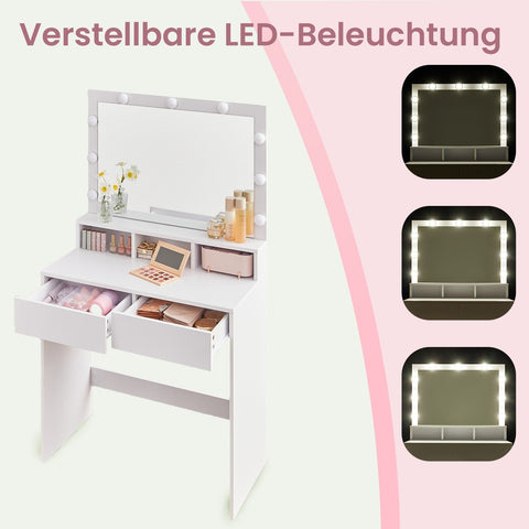 Rootz LED Vanity Table - Friction Table - Makeup Table - Mirror Included - White Chipboard - 80cm x 40cm x 140cm