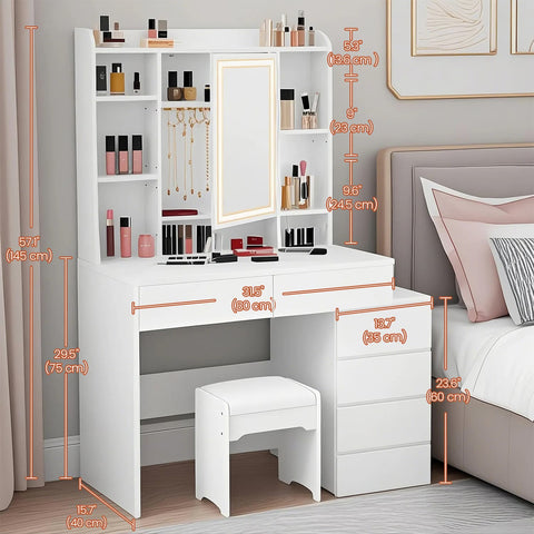 Rootz Dressing Table - Vanity Table - Makeup Table - LED Lighting - Adjustable Colors & Brightness - 40cm x 97.5cm x 145cm