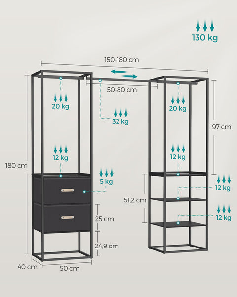 Rootz Wardrobe Storage Organizer - Closet Organizer - Large Capacity - Steel & MDF - 40cm x (150-180cm) x 180cm