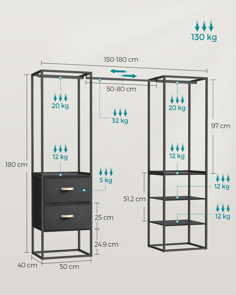 Rootz Wardrobe Storage Organizer - Closet Organizer - Large Capacity - Steel & MDF - 40cm x (150-180cm) x 180cm