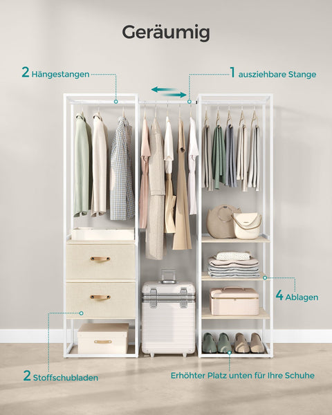Rootz Open Wardrobe - Portable Closet - Storage Organizer - Steel Frame - 40cm x (150-180cm) x 180cm - Natural Beige