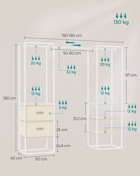 Rootz Open Wardrobe - Portable Closet - Storage Organizer - Steel Frame - 40cm x (150-180cm) x 180cm - Natural Beige
