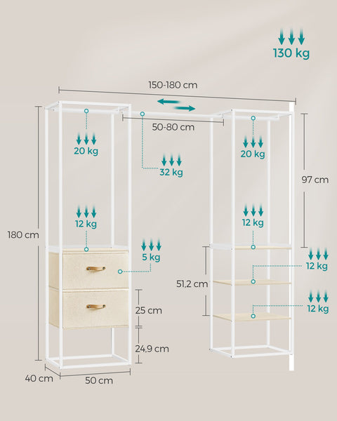 Rootz Open Wardrobe - Portable Closet - Storage Organizer - Steel Frame - 40cm x (150-180cm) x 180cm - Natural Beige
