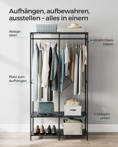 Rootz Clothes Rack - Garment Rack - Wardrobe Organizer - Steel Chipboard - 40cm x 94.5cm x 180cm - Ebony Black - 14.8kg - 146kg Capacity