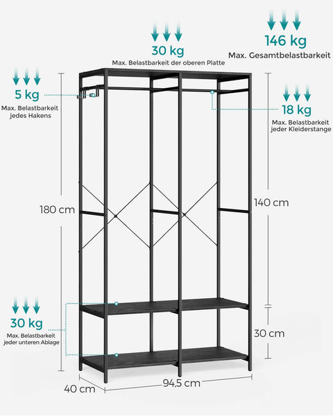 Rootz Clothes Rack - Garment Rack - Wardrobe Organizer - Steel Chipboard - 40cm x 94.5cm x 180cm - Ebony Black - 14.8kg - 146kg Capacity