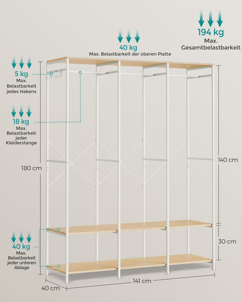 Rootz Clothes Rack Organizer - Garment Stand - Wardrobe Storage - Steel Chipboard - 40cm x 141cm x 180cm