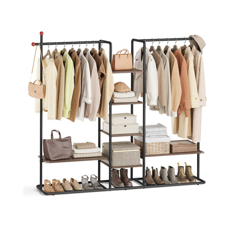 Rootz Cloakroom Stand with 6 Shelves - Wardrobe Organizer - Shelf Unit - Brown and Black - Durable Steel, Chipboard - 33.8x163.6x175.3 cm