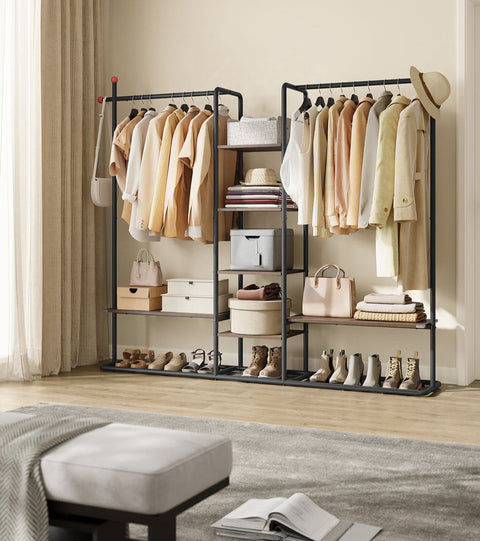 Rootz Cloakroom Stand with 6 Shelves - Wardrobe Organizer - Shelf Unit - Brown and Black - Durable Steel, Chipboard - 33.8x163.6x175.3 cm