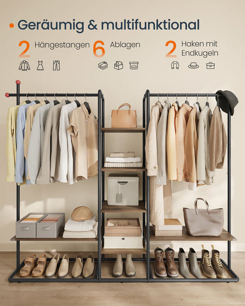 Rootz Cloakroom Stand with 6 Shelves - Wardrobe Organizer - Shelf Unit - Brown and Black - Durable Steel, Chipboard - 33.8x163.6x175.3 cm