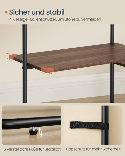 Rootz Cloakroom Stand with 6 Shelves - Wardrobe Organizer - Shelf Unit - Brown and Black - Durable Steel, Chipboard - 33.8x163.6x175.3 cm