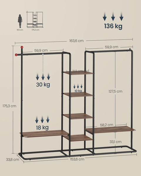 Rootz Cloakroom Stand with 6 Shelves - Wardrobe Organizer - Shelf Unit - Brown and Black - Durable Steel, Chipboard - 33.8x163.6x175.3 cm